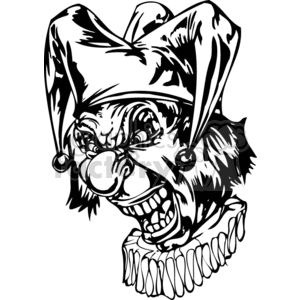 Black and white artwork of an angry, menacing clown with a jester hat, suitable for tattoo or vinyl design.