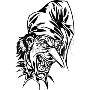 A black and white clipart illustration of an angry, menacing clown with sharp features, wearing a hat and animated with an evil grin. This image is suitable for tattoo art or vinyl design.