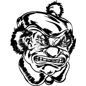 A black-and-white illustration of an angry, menacing clown with exaggerated facial features, suitable for tattoo art or vinyl designs.