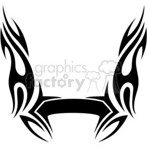 A black tribal tattoo design with symmetrical, flame-like patterns and curved lines.