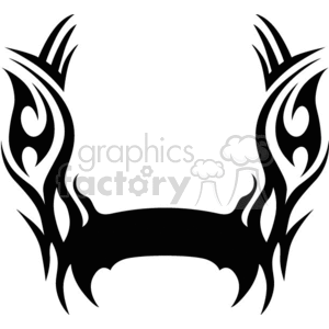 This clipart image features a symmetrical tribal tattoo design. The black inked pattern showcases intricate, flame-like shapes that are mirrored on both sides, creating a bold and striking visual effect.