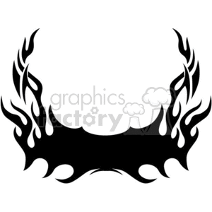 A black tribal flame tattoo design with symmetrical flames extending outward and upward. The design is bold and sharp, creating an intense and dynamic visual effect.