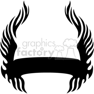 Black and white clipart image of a tribal flame tattoo design with a central banner area.