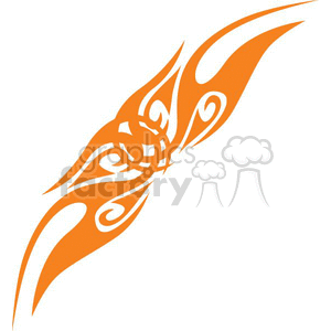 A bold, orange tribal tattoo design featuring symmetrical, flame-like patterns and intricate swirls.