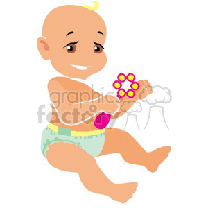 Clipart image of a happy toddler sitting in a diaper, smiling, and holding a colorful toy.