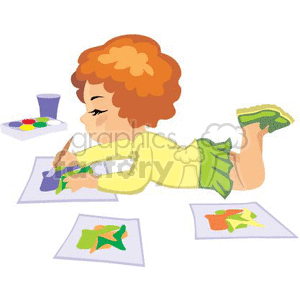 A Little Girl Laying on the Floor Painting with watercolors