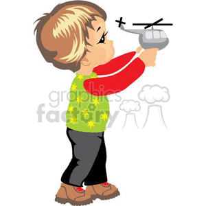 Clipart image of a preschool-aged boy playing with a toy helicopter.