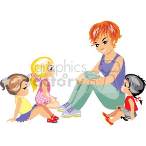 A clipart image of a teacher sitting on the floor, engaging with three young children who are seated around her, illustrating a story-telling or teaching environment.