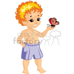 A happy child with red hair wearing swim shorts and holding a butterfly, illustrating a joyful and educational theme.