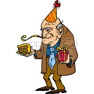 Older man holding a piece of birthday cake and a wrapped gift