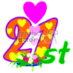   The clipart image shows a colorful number 21 with a pattern of hearts and dots, a large pink heart above, and the suffix st in green, indicating 21st. Below the number, there