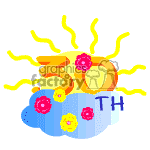 This clipart image shows a stylized representation of a 30th birthday celebration. There is a cloud-like shape at the bottom with the text TH indicating the th in 30th. On top of this is a large 30 with a sun behind it, suggesting the brightness or celebration of the event. The 0 in the 30 and the sun are adorned with colorful flowers, which brings in the birthday flowers theme.