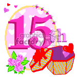   The image is a colorful animated clipart that features the number 15th in large, pink numerals, suggesting a 15th birthday celebration. Behind the number is a pale pink circle, possibly representing a balloon. Small pink hearts and green decorative elements, perhaps confetti, are scattered around the number. To the right, there