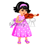 The clipart image features a cartoon of a young girl playing the violin. She has short black hair with a fringe, is wearing a pink polka-dot dress with a bow on the back, and has on pink shoes. 