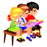 In the clipart image, there are three animated children sitting closely together on a bench. One child with black hair is holding and reading from a large open book, with one child with brown hair in the middle looking on, and another child with blonde hair tied in a ponytail also looking at the book. They all appear engaged in the content of the book. The children are wearing colorful clothes and shoes.