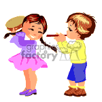 The clipart image shows two animated children. On the left is a girl with ponytails, wearing a purple top and a pink skirt, and playing on a drum. On the right is a boy in a yellow shirt and blue shorts, holding a flute. 