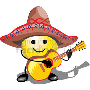   The image is a fun, cartoon-style clipart that features a smiling face, also known as a smiley, wearing a large sombrero decorated with a colorful pattern. The smiley is also holding and playing a classic acoustic guitar, indicative of a mariachi musician. This character is depicted as if it
