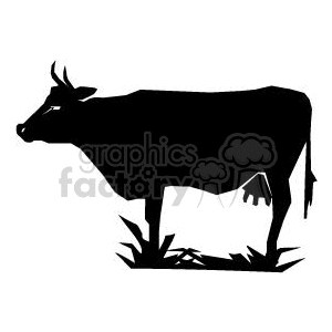 A black silhouette clipart image of a cow standing on grass.