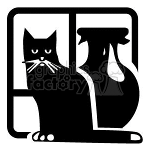 The clipart image features a stylized, black and white silhouette of a cat sitting next to what appears to be a milk jug or pitcher. The design is simple, with clean lines, making it suitable for vinyl cutting or similar purposes.
