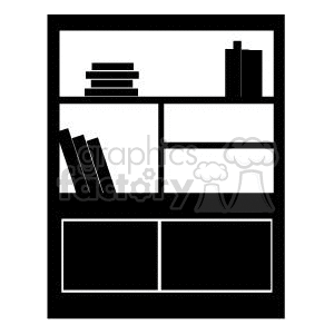 Black and white clipart image of a bookshelf with multiple compartments holding various books.