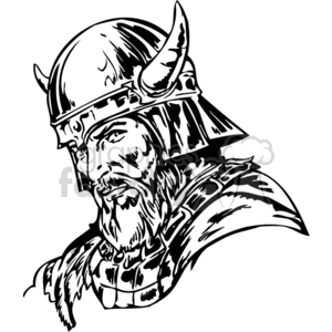 Black-and-white clipart image of a fierce Viking warrior wearing a horned helmet and chainmail armor.