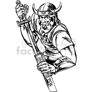 A black and white clipart image of a Viking warrior wearing a horned helmet and holding a sword.