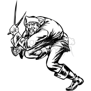 A dynamic black and white clipart image of a pirate wielding a sword in an action pose. The character is dressed in traditional pirate attire, including a tricorn hat and boots.