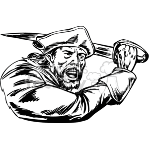 A vintage-style black and white clipart of a pirate or sailor with a beard, holding a sword and appearing to be in an aggressive stance.