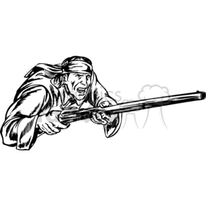 Illustration of a pirate holding a musket, wearing a headscarf, and in an aggressive stance.