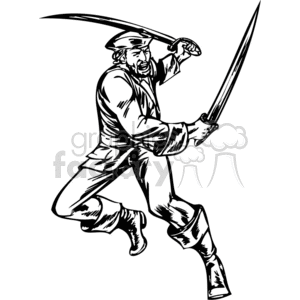 A dynamic black and white clipart image of a pirate wielding two swords, dressed in traditional pirate attire.