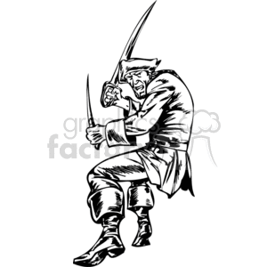 A black and white vinyl-ready clipart image of an aggressive pirate with a hat wielding two swords.