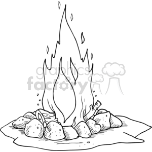 A black and white clipart image of a campfire burning on a ground surface surrounded by rocks.