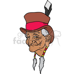 Clipart image of an elderly man with a brown hat decorated with a red band and a single feather. He has gray hair and wears beaded braids.