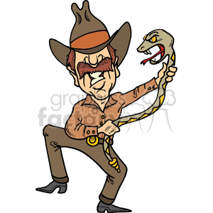 Cartoon illustration of a determined cowboy holding an angry snake while posing heroically.