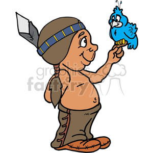 A clipart image of a happy cartoon character wearing a feathered headband, bare chest, and traditional pants, extending a finger to a blue bird perched on it.