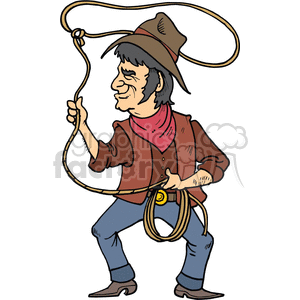 A cartoon cowboy holding a lasso, wearing a hat, red bandana, brown vest, blue jeans, and cowboy boots.