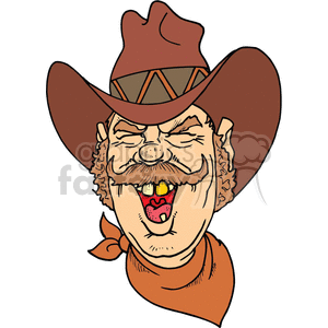 Cartoon illustration of a comical laughing cowboy with a large hat, mustache, gold tooth, and a bandana.