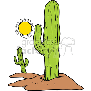 A clipart image of two green cacti in a desert with a bright yellow sun in the sky.