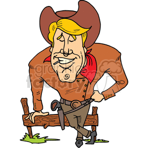A cartoon depiction of a cowboy in a brown outfit, leaning on a wooden fence, holding a revolver, and wearing a hat and red bandana.