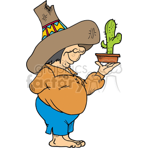 Cartoon illustration of a cheerful man with a large hat, orange shirt, blue pants, and barefoot holding a small potted cactus.