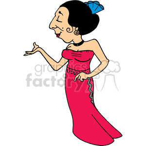 Clipart image of a woman in a long red dress with a black choker, blue hair accessory, and hoop earrings. The woman appears to be gesturing with one hand.