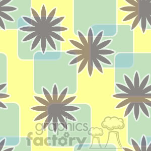 A seamless floral pattern featuring gray flowers overlaid on a backdrop of yellow, green, and blue rectangles.