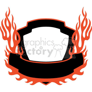 A clipart image of a black shield with red flames surrounding it. The shield has a blank banner at the bottom for customizable text.