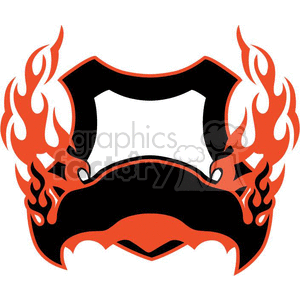 A clipart image of a stylized, symmetrical design featuring flames and a shield motif. The design is predominantly black with red flames and outlines.