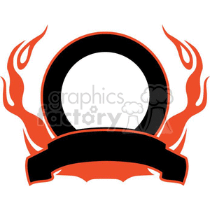 A circular black shape with a banner at the bottom and stylized red flames surrounding it.