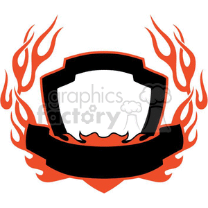 Clipart image featuring a blank shield emblem with a black ribbon below it, surrounded by red flames.