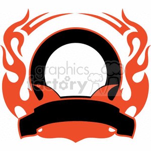 Illustration of a circular black frame surrounded by red flames with a blank ribbon banner at the bottom.