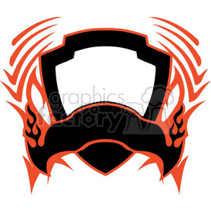 A clipart image featuring a shield with flame-like patterns and bold swooshes in red and black.