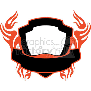 Clipart image of a blank shield with a flaming design, predominantly in orange and black colors, with a banner across the front.