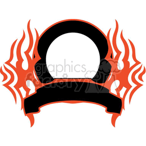 A clipart image of a stylized flaming frame with a blank central circle and a blank banner below it, ideal for adding custom text or images.
